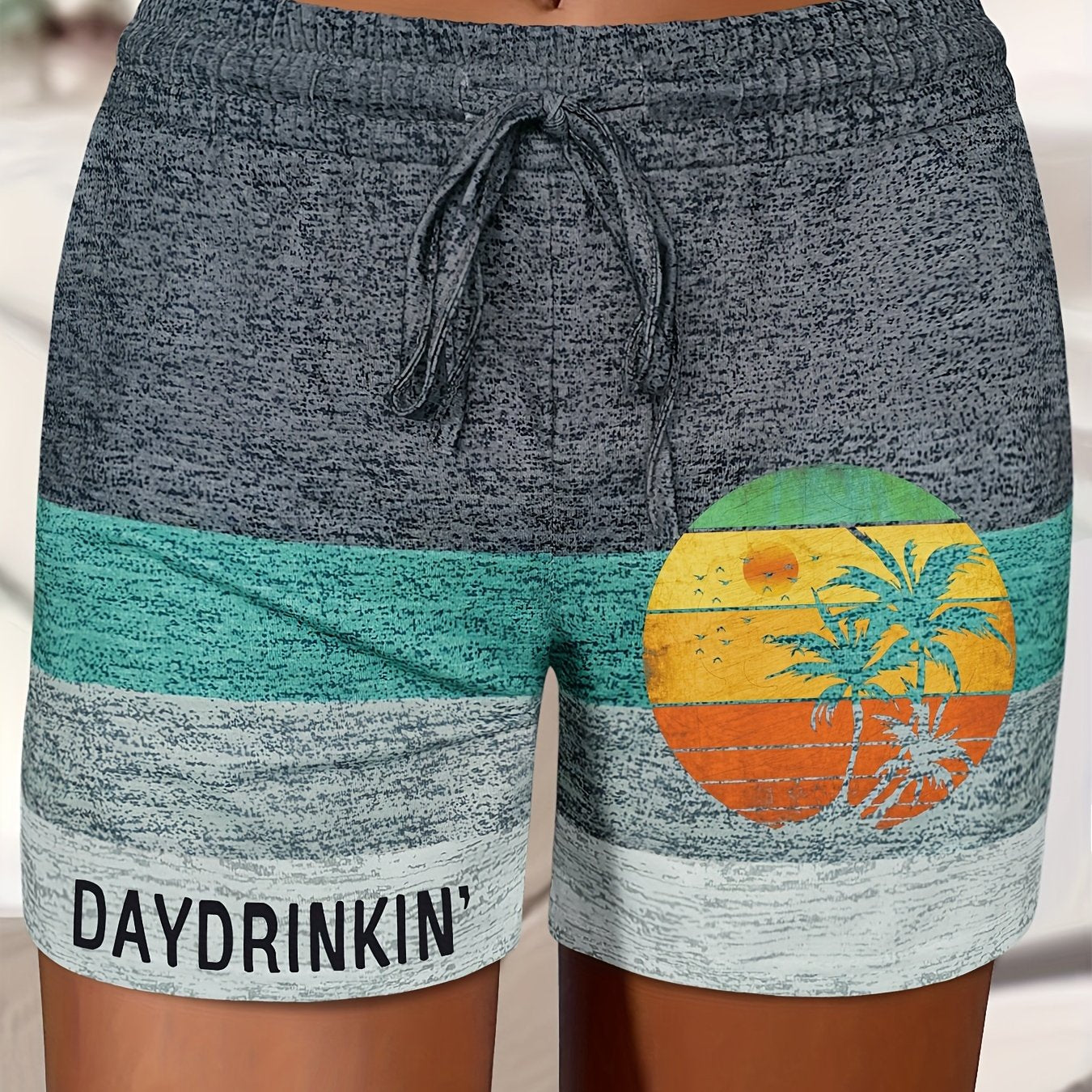 1pc Women's Drawstring Shorts, Casual Fashion Vacation Shorts with Sunset Palm Tree Print and Lettering, Polyester Knit Fabric with Pockets, Spring\u002FSummer\u002FAutumn Collection