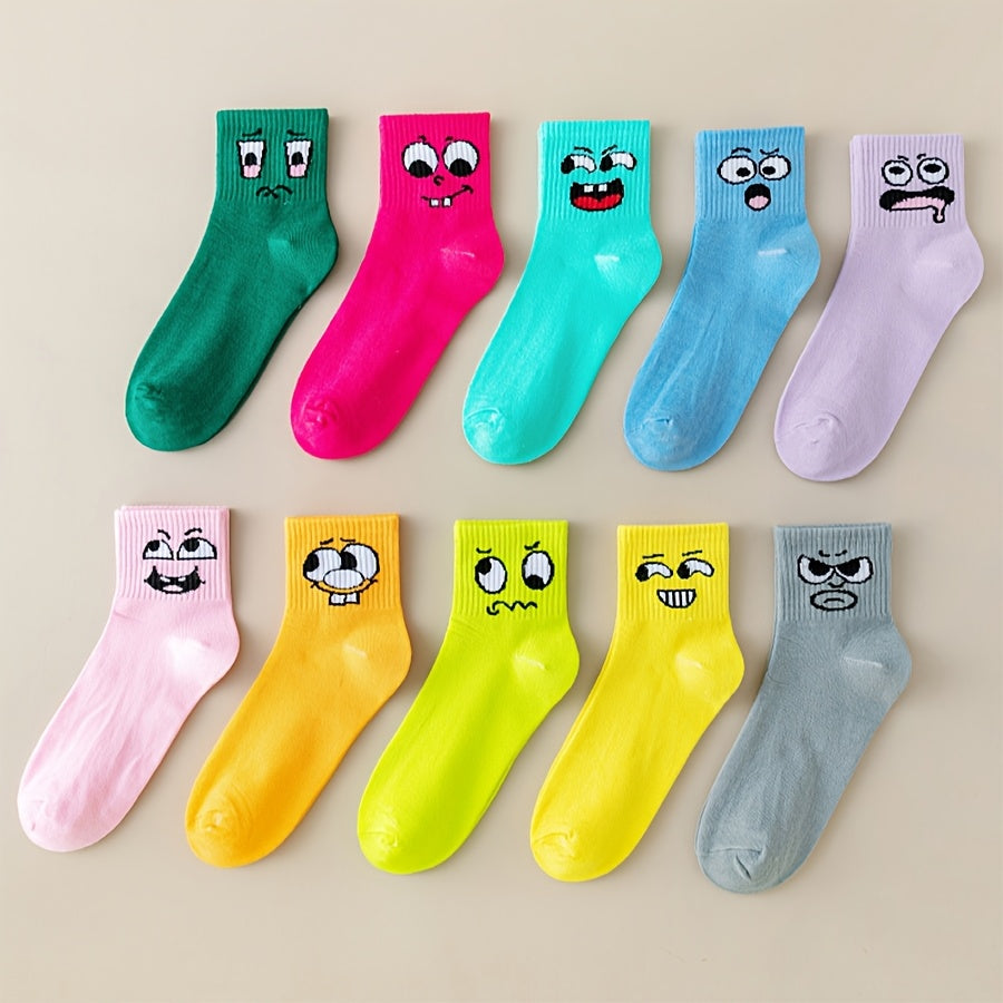 Women's Playful Face Design Mid-Calf Socks - Breathable Moisture-Wicking Ribbed Cuff, Vibrant Neon & Pastel Colors, Machine Washable for Casual Sports & Casual Attire, Quirky Sock Patterns
