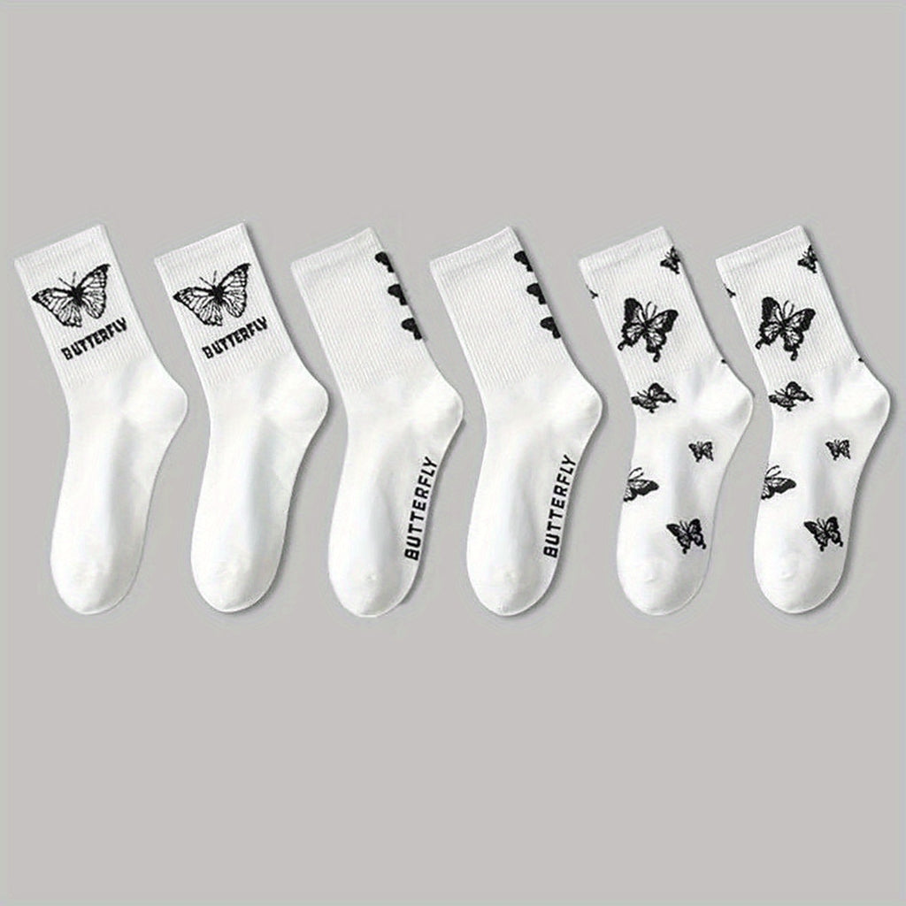 New Solid Color Black and White Butterfly Socks, Street Style Couple Socks for Men and Women