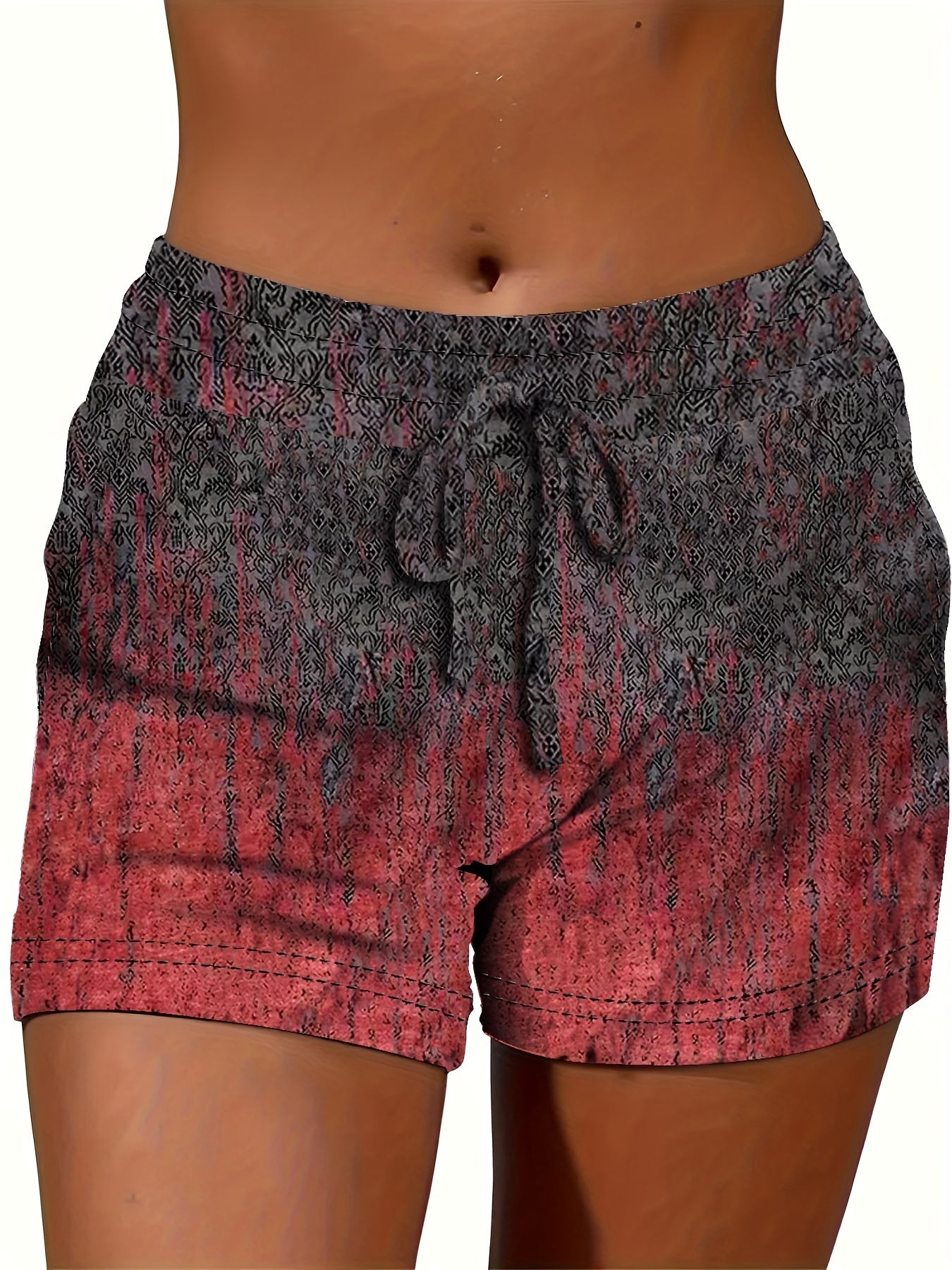 Women's Casual Printed Drawstring Shorts - Stretchy Elastic Waist, Gradient Red and Black, Polyester Blend, Summer Fashion