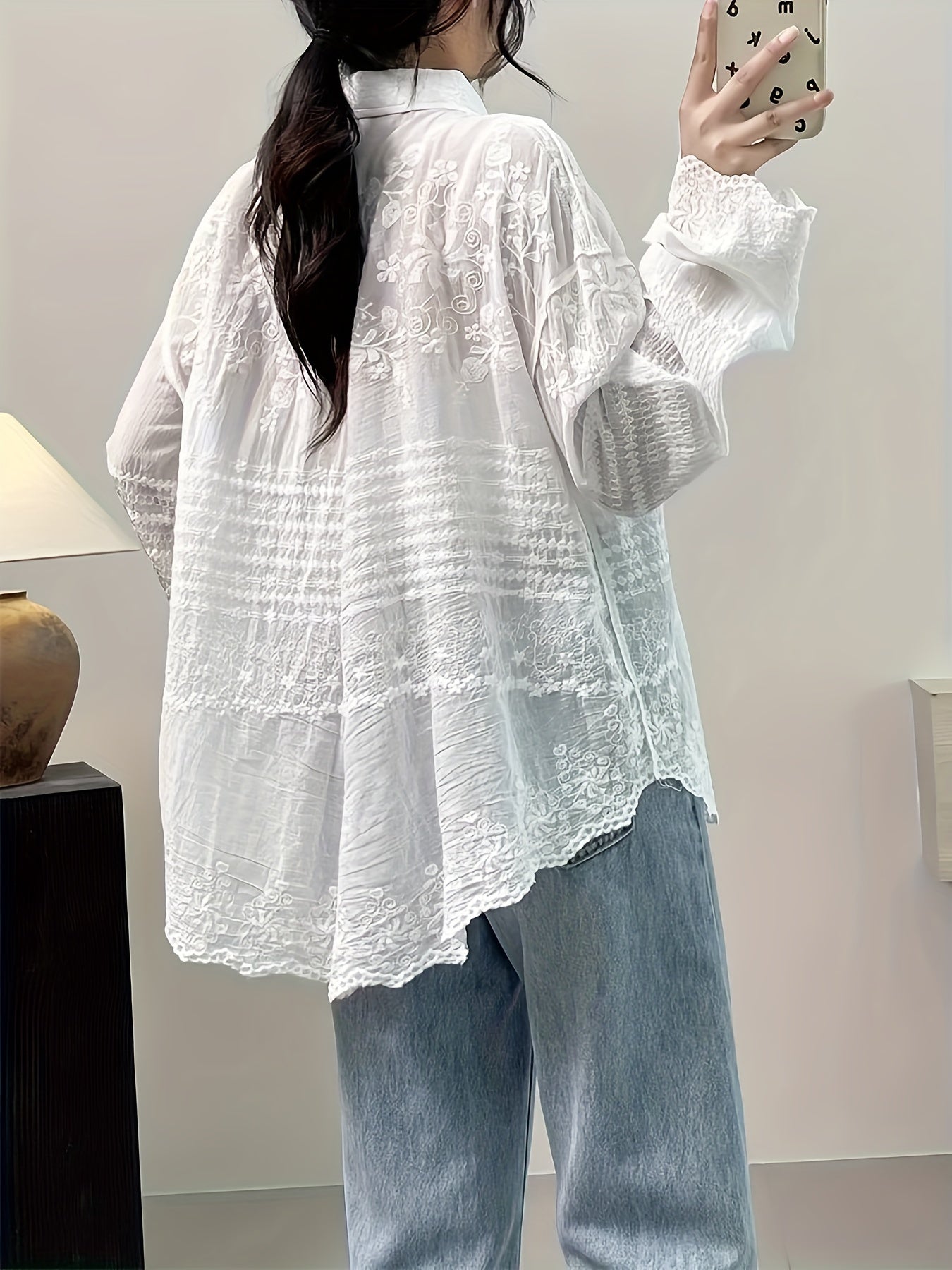 Seasonal Versatility Elegant French Vintage-Inspired Long Sleeve Crochet Blouse for Women - Sheer White Button-Up Shirt with Delicate Lace Detailing, Casual Loose Fit, Perfect for Spring and Fall