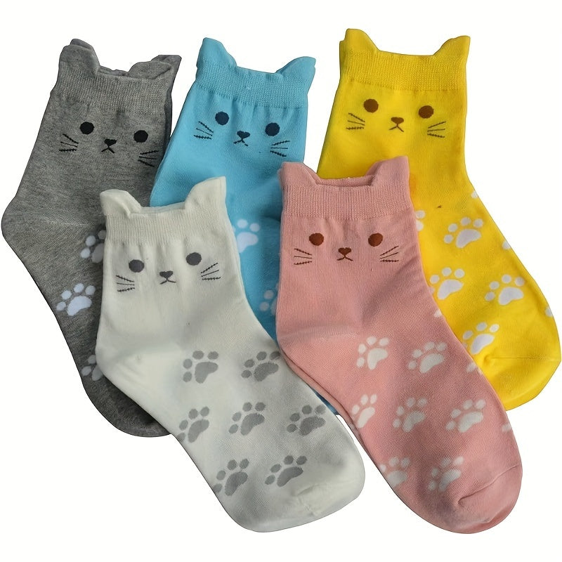 5 Pairs of Cute Cartoon Cat Print Knit Crew Socks for - Soft, Breathable, Thick, Machine Washable, Polyester Blend, Spring\u002FFall Essentials, Breathable Socks | Playful Design | Knit Texture