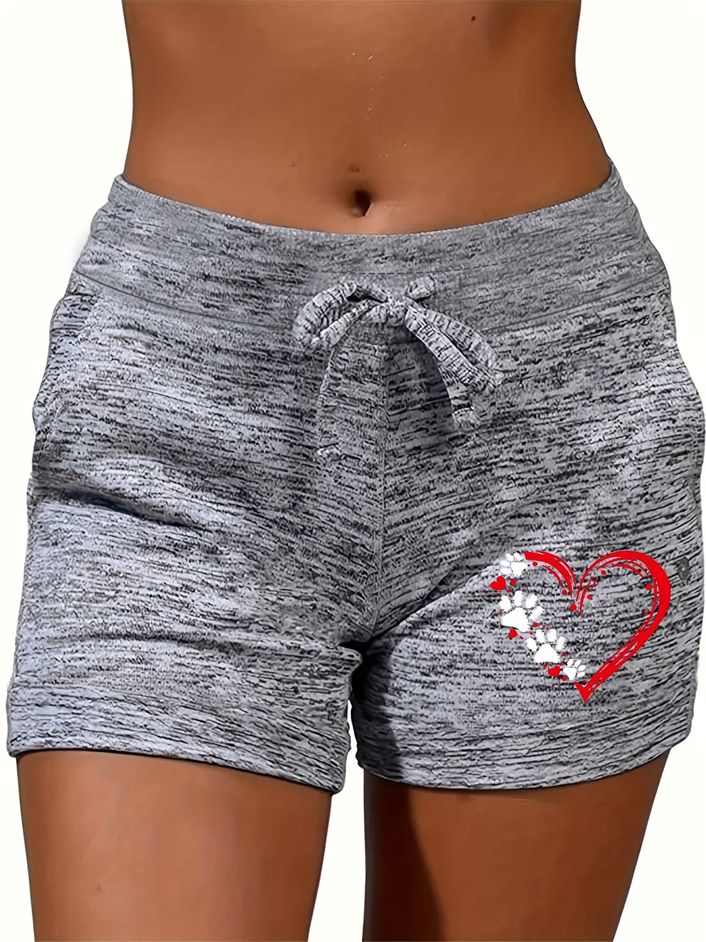 Heart Print Drawstring Shorts, Sports Casual Summer Shorts, Women's Clothing