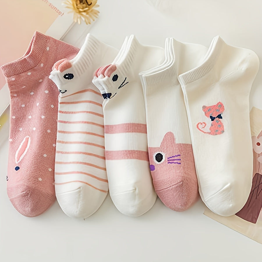 5 Pairs Women's Ankle Socks - Cute Cartoon Cat Design with Polka Dots, Stripes & Hearts - Soft Pink & White Short Socks for Everyday Casual Wear, Novelty Socks, Comfortable Knitwear