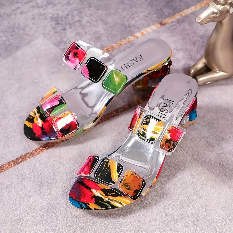 Colorful Floral Pattern Slip-On High Heel Sandals for Women - Open Toe, Thick Platform Sole, Synthetic Cover, Comfortable & Stylish Casual Summer Shoes, Chunky Heel Sandals
