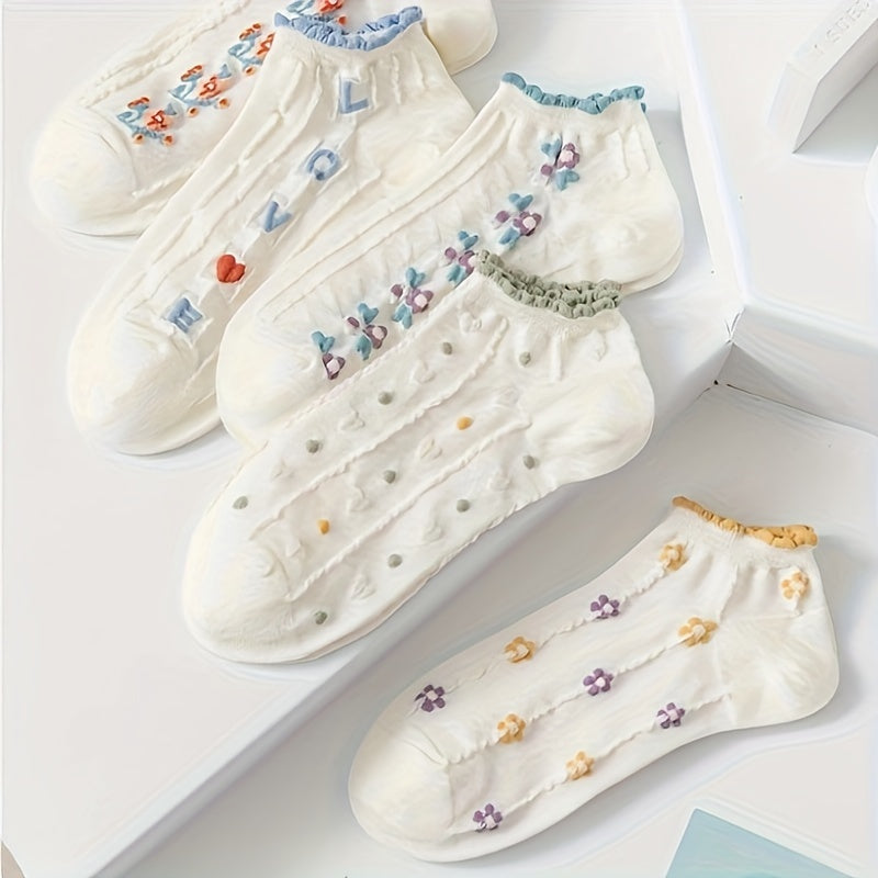 5 Pairs Women'S Floral & Letter Ankle Socks - Breathable, Comfortable Knit Fabric, Ruffled Edge Design, Pastel Colors with Colorful Lettering (Ace, Love, Friendship, Sister, Sisterhood) - Casual Wear, Cute Socks