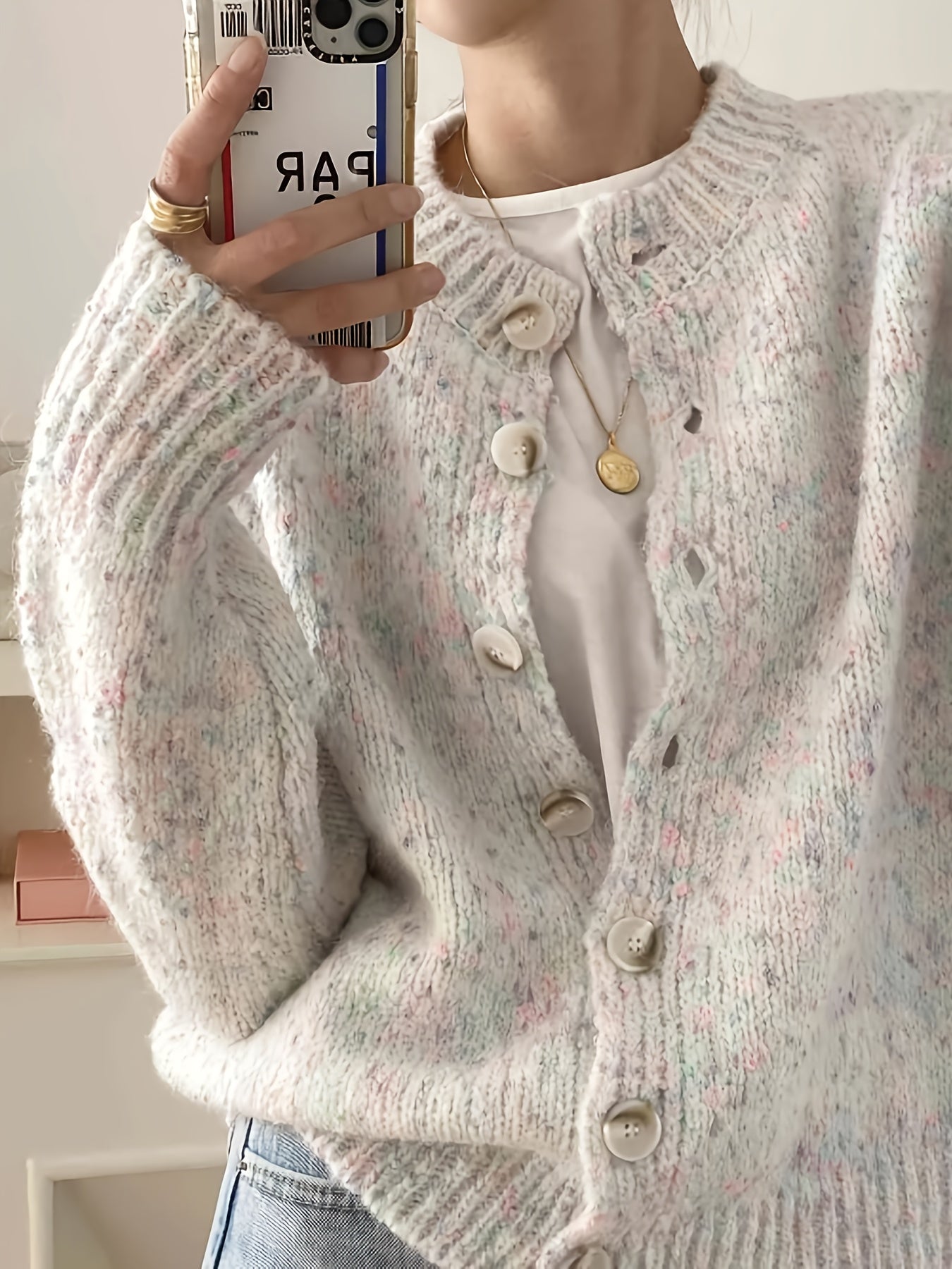 Rachel Women's Elegant Stretchy Camo Button Cardigan - High Elasticity Round Neck Spring\u002FFall Sweater with Decorative Buttons, Hand Wash\u002FDry Clean, Casual to Dressy Outfits, Classic Sweater for Ladies, Outfit Enhancer, Textured, Durable