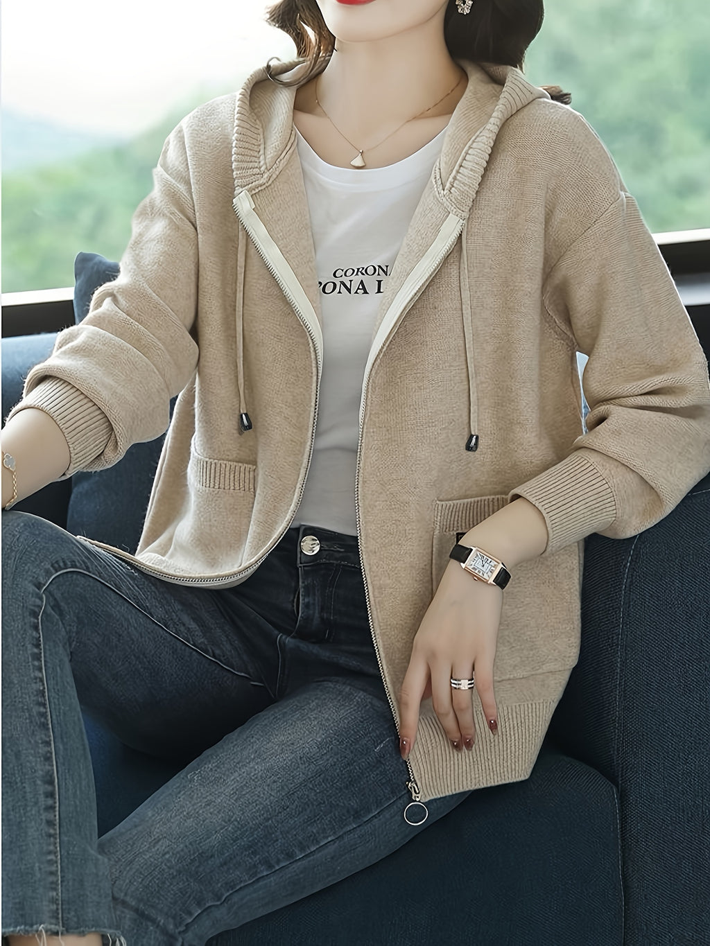 Women's Beige Hooded Cardigan Sweater - Slim Fit Zip-Up Front with Open Collar, Long Sleeve Ribbed & Side Pockets for Spring\u002FFall Transitional Weather, Casual to Professional Outfits, Sweater Cardigan, Casual Attire, Fitted Fashion, Textured Fabric