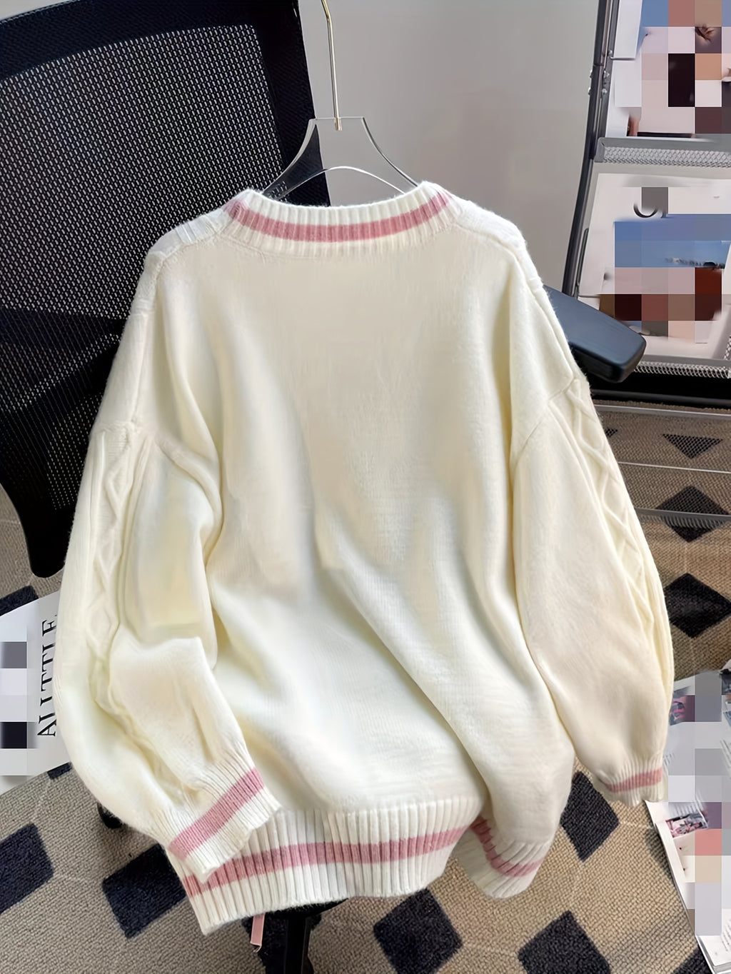 Women'S V-Neck Cardigan with Color Block Design, Acrylic Blend Knit Sweater, with Button Details and Drawstring for All Seasons