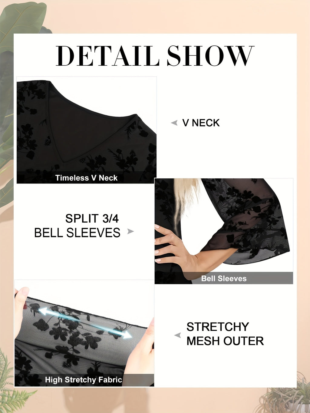 Women's Floral Print V-Neck Blouse with 3\u002F4 Flared Sleeves - Double-Layer Elastic Mesh, Loose Fit Flowy Tunic Top for Casual & Work, Spring\u002FSummer Semi-Sheer Shirt, Ladies Blouses