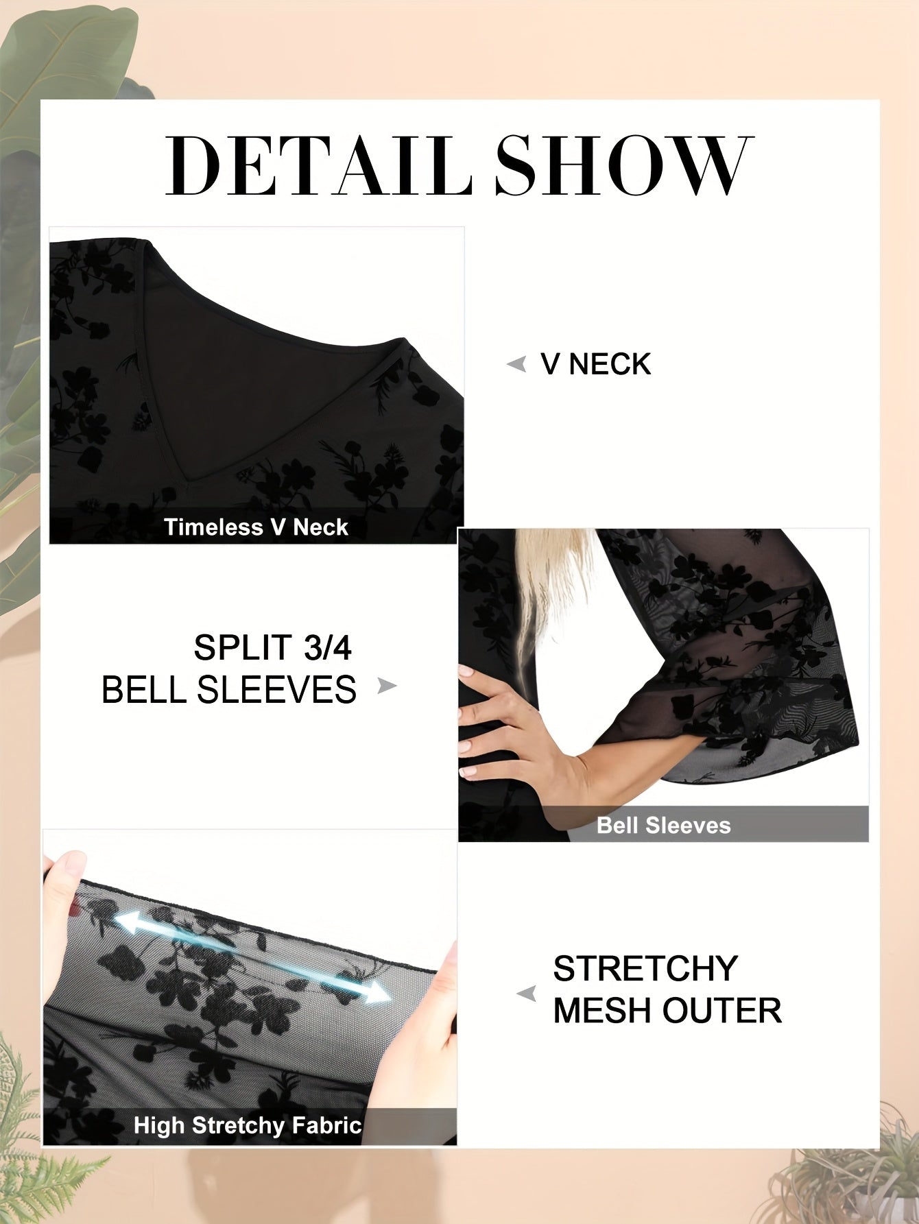 Women's Floral Print V-Neck Blouse with 3\u002F4 Flared Sleeves - Double-Layer Elastic Mesh, Loose Fit Flowy Tunic Top for Casual & Work, Spring\u002FSummer Semi-Sheer Shirt, Ladies Blouses