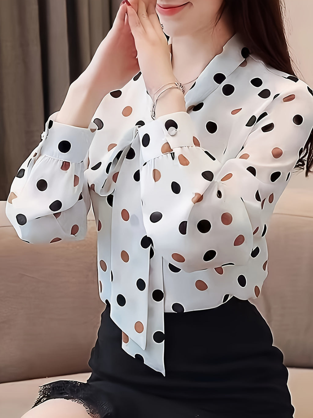 Women's Lightweight Polka Dot Print Long Sleeve Shirt - Semi-Sheer Loose Fit Blouse with Bow Tie Collar, Machine Washable Spring Summer Office Casual Top, Casual Attire, Fashionforward Look, Elegant Design