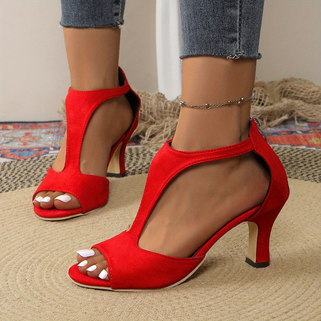 Elegant Red Stiletto Heels for Women - Sexy Back Zipper, Open Toe, High Heel Fashion Shoes with Black Accents, All-Season Wear