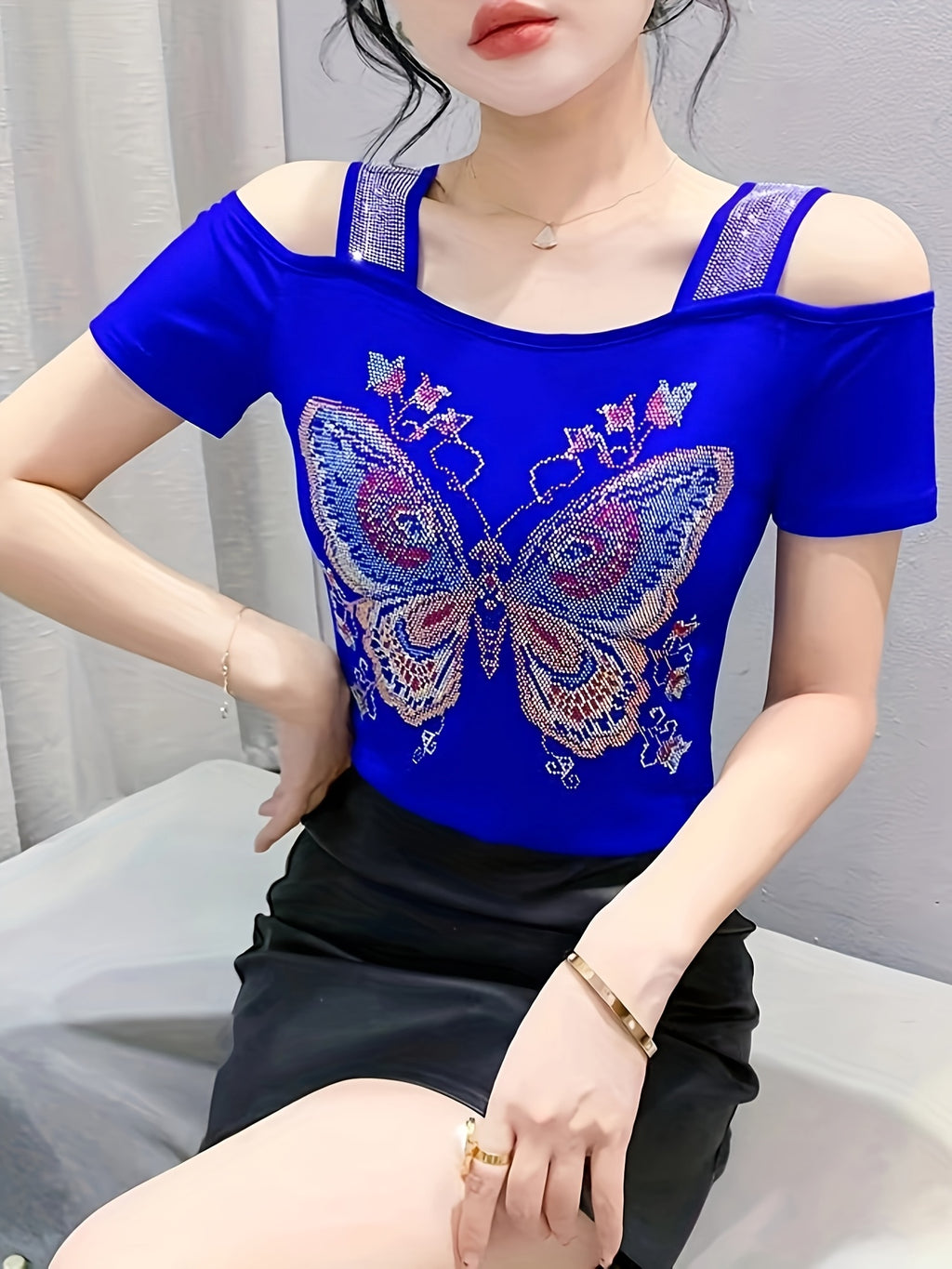 Elegant Off-Shoulder Butterfly Rhinestone Top - High Stretch Mesh, Short Sleeve, Double Layer Design, Vibrant Floral & Butterfly Pattern, Women's Fashion for Summer