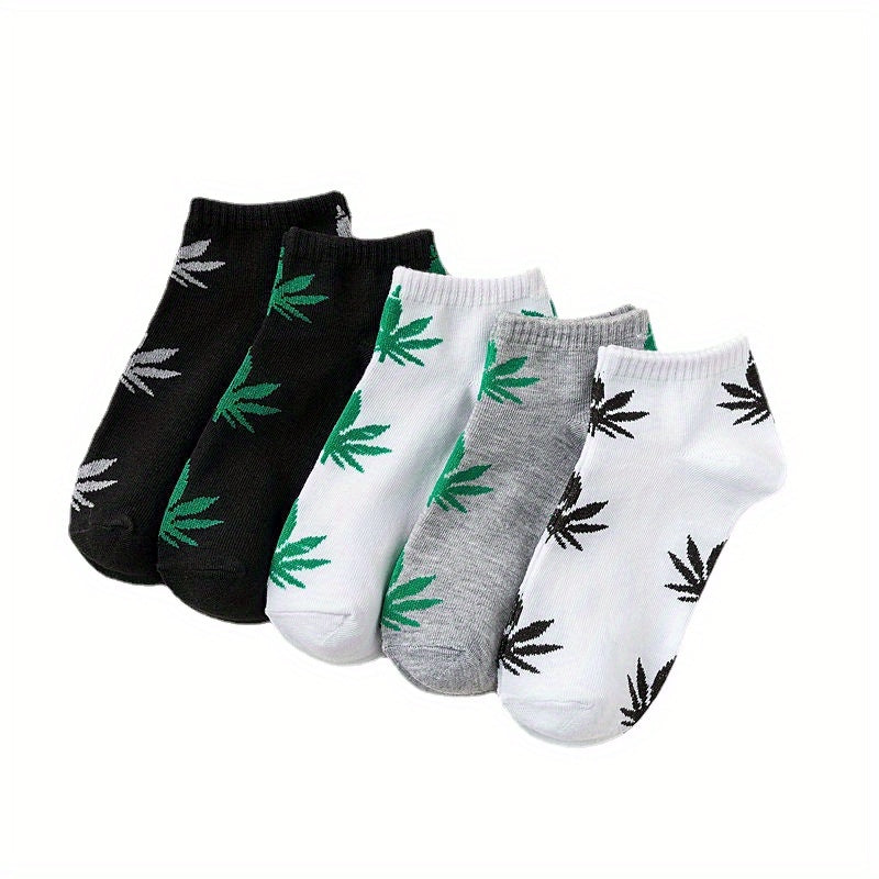 10 Pairs Women's Leaf Print Ankle Socks - Soft & Lightweight Sports Socks with Leaf Design, Breathable Short Socks for Casual Wear, Black\u002FWhite\u002FGrey with Green Accents