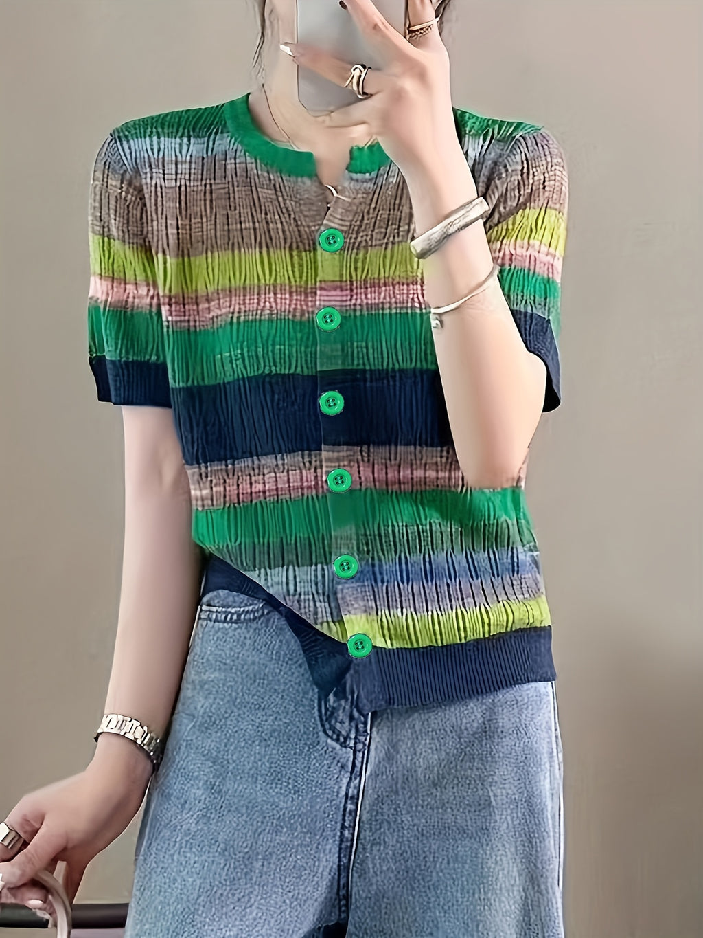 Women'S Casual Rainbow Striped Short Sleeve Cardigan - Comfortable Polyester Knit, Breathable & Stylish, Round Neck, Summer Top, Casual Summer Top|Striped Cardigan|Knit Construction, Ladies Cardigan