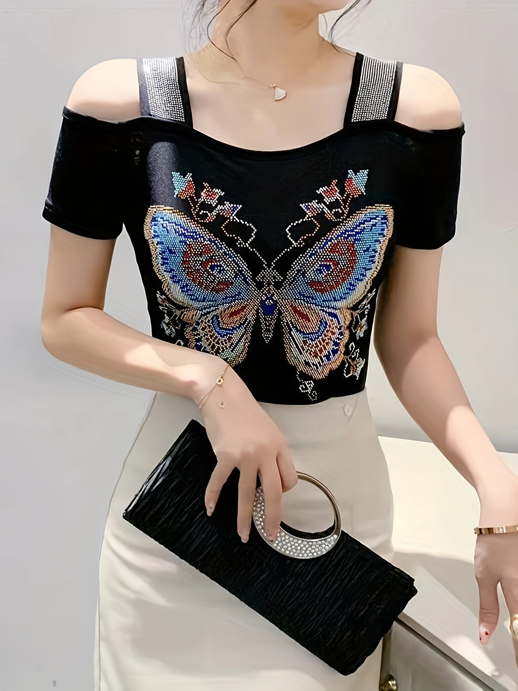 Elegant Off-Shoulder Butterfly Rhinestone Top - High Stretch Mesh, Short Sleeve, Double Layer Design, Vibrant Floral & Butterfly Pattern, Women's Fashion for Summer