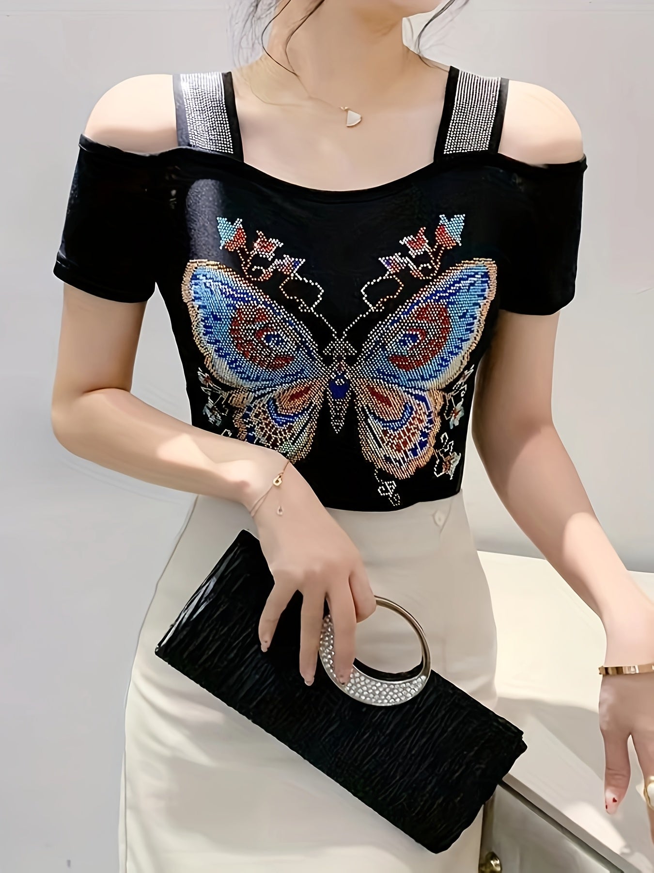 Elegant Off-Shoulder Butterfly Rhinestone Top - High Stretch Mesh, Short Sleeve, Double Layer Design, Vibrant Floral & Butterfly Pattern, Women's Fashion for Summer