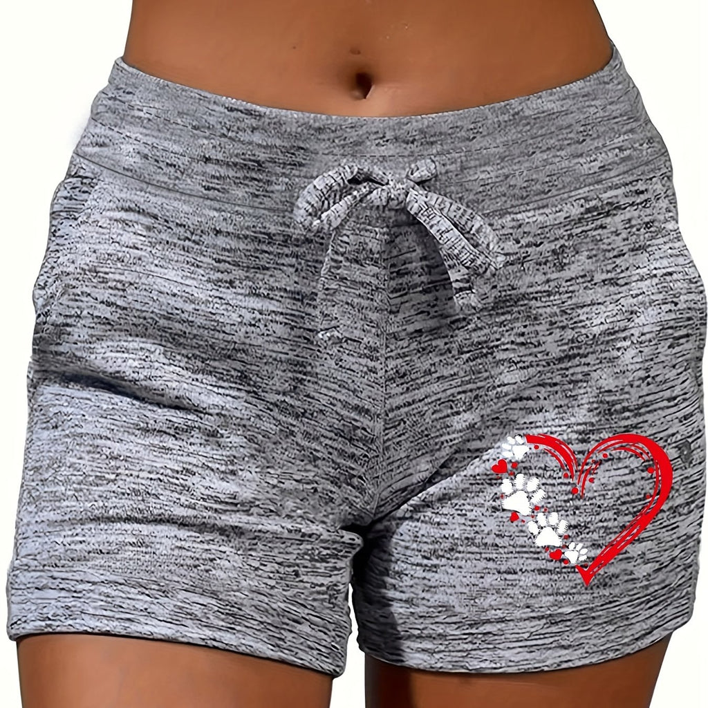 Heart Print Drawstring Shorts, Sports Casual Summer Shorts, Women's Clothing