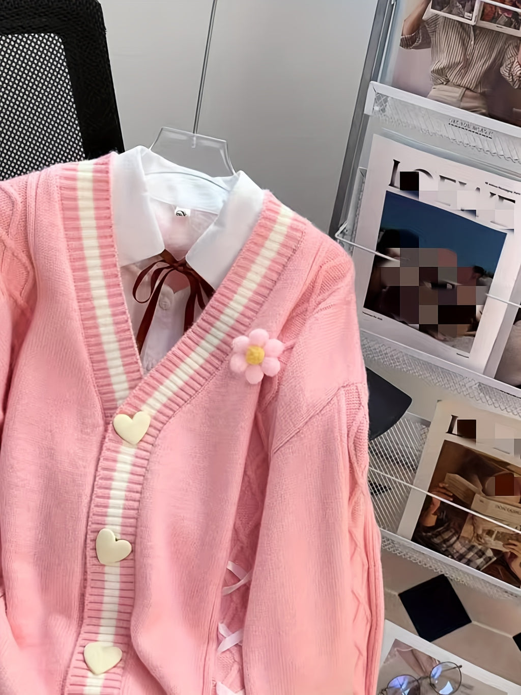 Women'S V-Neck Cardigan with Color Block Design, Acrylic Blend Knit Sweater, with Button Details and Drawstring for All Seasons