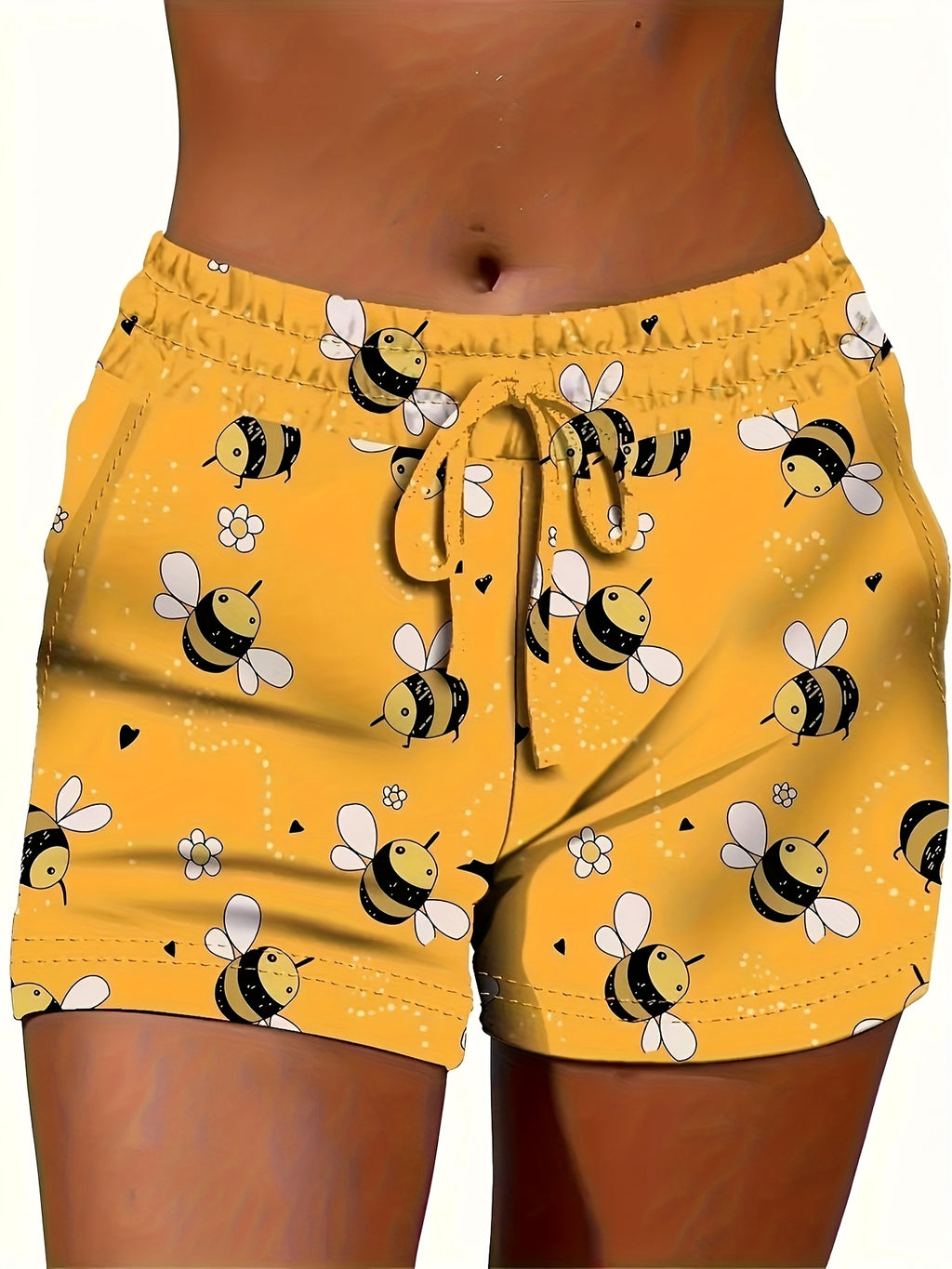 Women's Summer Bee Print Drawstring Shorts - Yellow with Black & White Bee Design, Elastic Waistband, Casual Sporty Style, Polyester\u002FSpandex Blend, Machine Washable