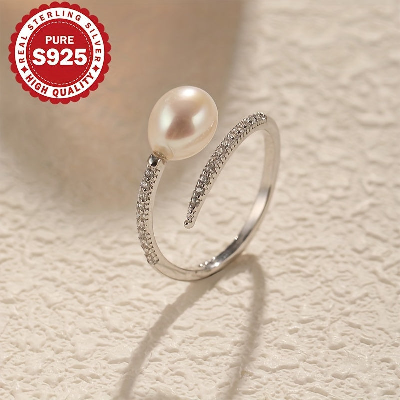 1 Adjustable Freshwater Freshwater Pearls Open Ring, S925 Sterling Silvery Oval Flawless Adjustable Open U-Shaped Ring, Hypoallergenic 2.4g, Suitable for Multiple Occasions