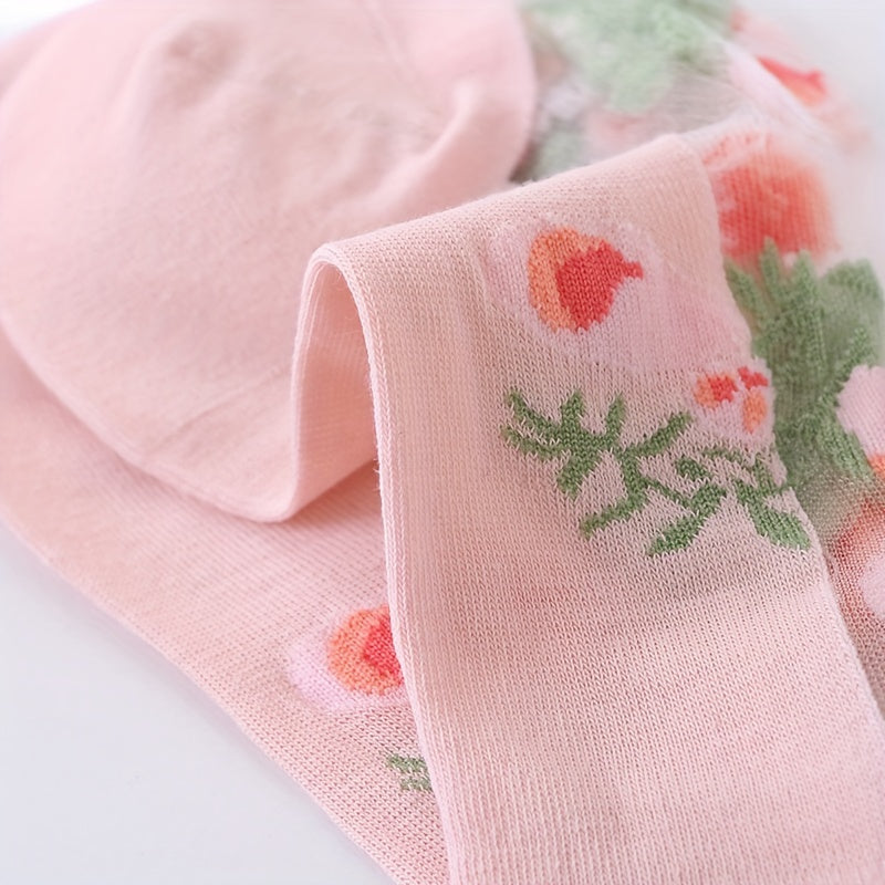 5 Pairs Floral Lace Mesh Socks, Lightweight & Breathable Mid Tube Socks, Women's Stockings & Hosiery