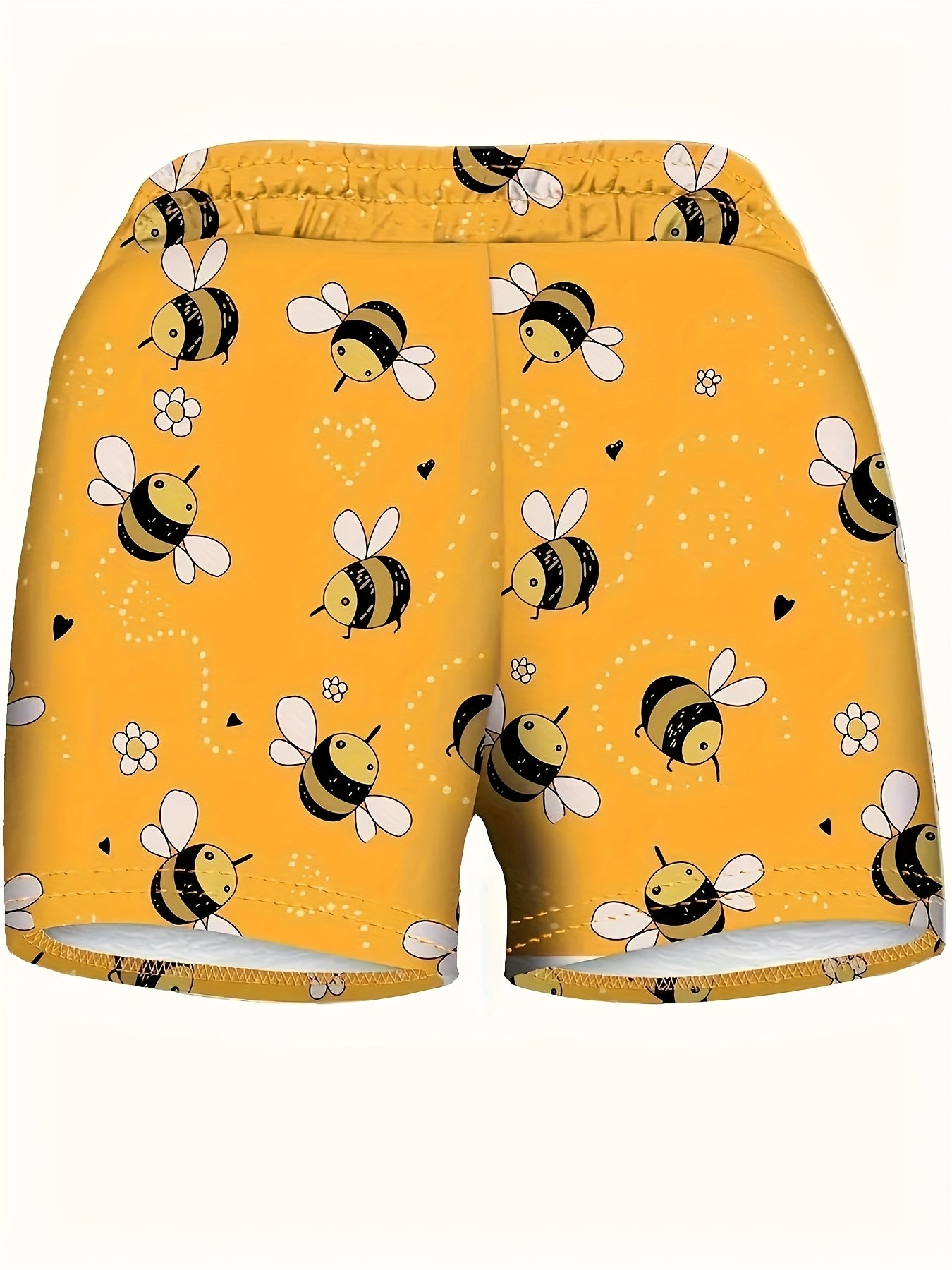 Women's Summer Bee Print Drawstring Shorts - Yellow with Black & White Bee Design, Elastic Waistband, Casual Sporty Style, Polyester\u002FSpandex Blend, Machine Washable