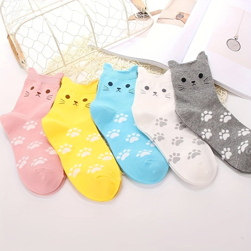5 Pairs of Cute Cartoon Cat Print Knit Crew Socks for - Soft, Breathable, Thick, Machine Washable, Polyester Blend, Spring\u002FFall Essentials, Breathable Socks | Playful Design | Knit Texture