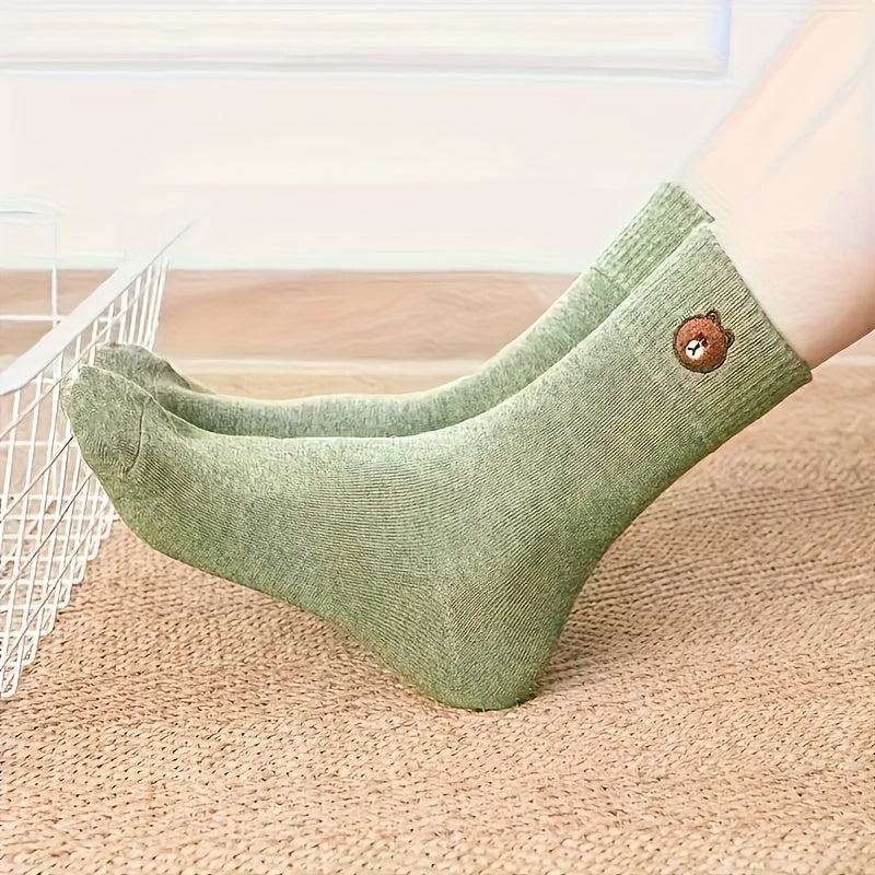 5 Pairs Women's Cute Bear Cartoon Mid-Calf Socks - Breathable Polyester-Spandex Blend, Stretchy & Machine Washable, Assorted Colors (Olive Green, Brown, Beige, Black, Navy) for Casual & Office Wear