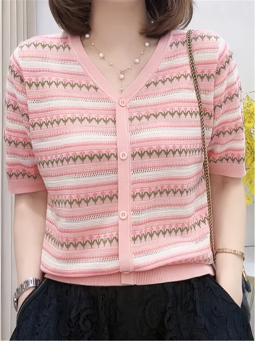 Women'S Pink & White Striped V-Neck Knit Cardigan with Decorative Buttons, Short Sleeve, Asymmetrical Hem, Casual Summer Crochet Top for Spring\u002FSummer, Cute Knit Cardiga