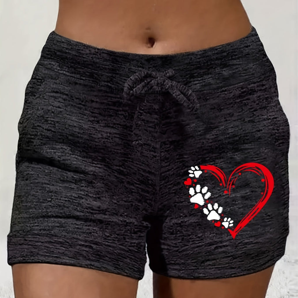 Heart Print Drawstring Shorts, Sports Casual Summer Shorts, Women's Clothing