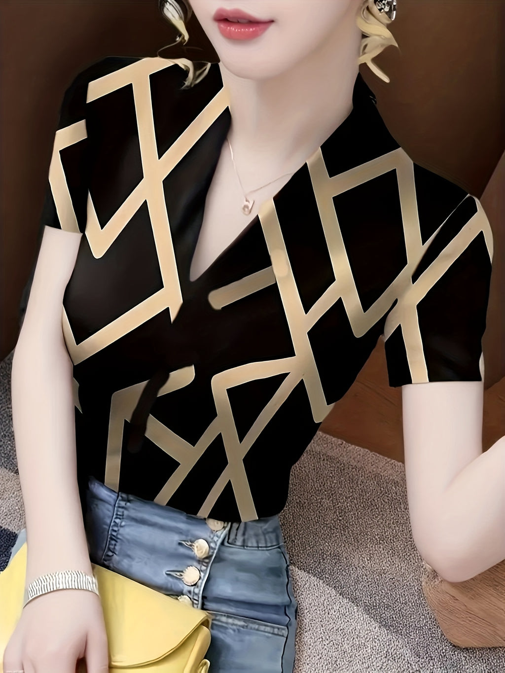 Women's V-Neck Short Sleeve T-Shirt - Slim Fit High Elasticity Ice Silky Polyester-Spandex Blend, Geometric Print Black & Golden Summer Top for Casual & Formal Wear, Ladies T Shirts