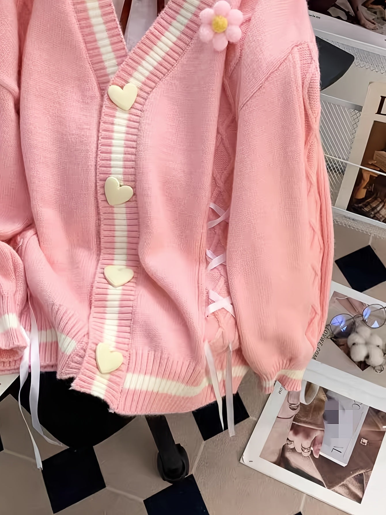 Women'S V-Neck Cardigan with Color Block Design, Acrylic Blend Knit Sweater, with Button Details and Drawstring for All Seasons