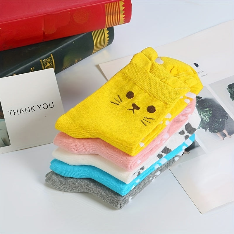 5 Pairs of Cute Cartoon Cat Print Knit Crew Socks for - Soft, Breathable, Thick, Machine Washable, Polyester Blend, Spring\u002FFall Essentials, Breathable Socks | Playful Design | Knit Texture
