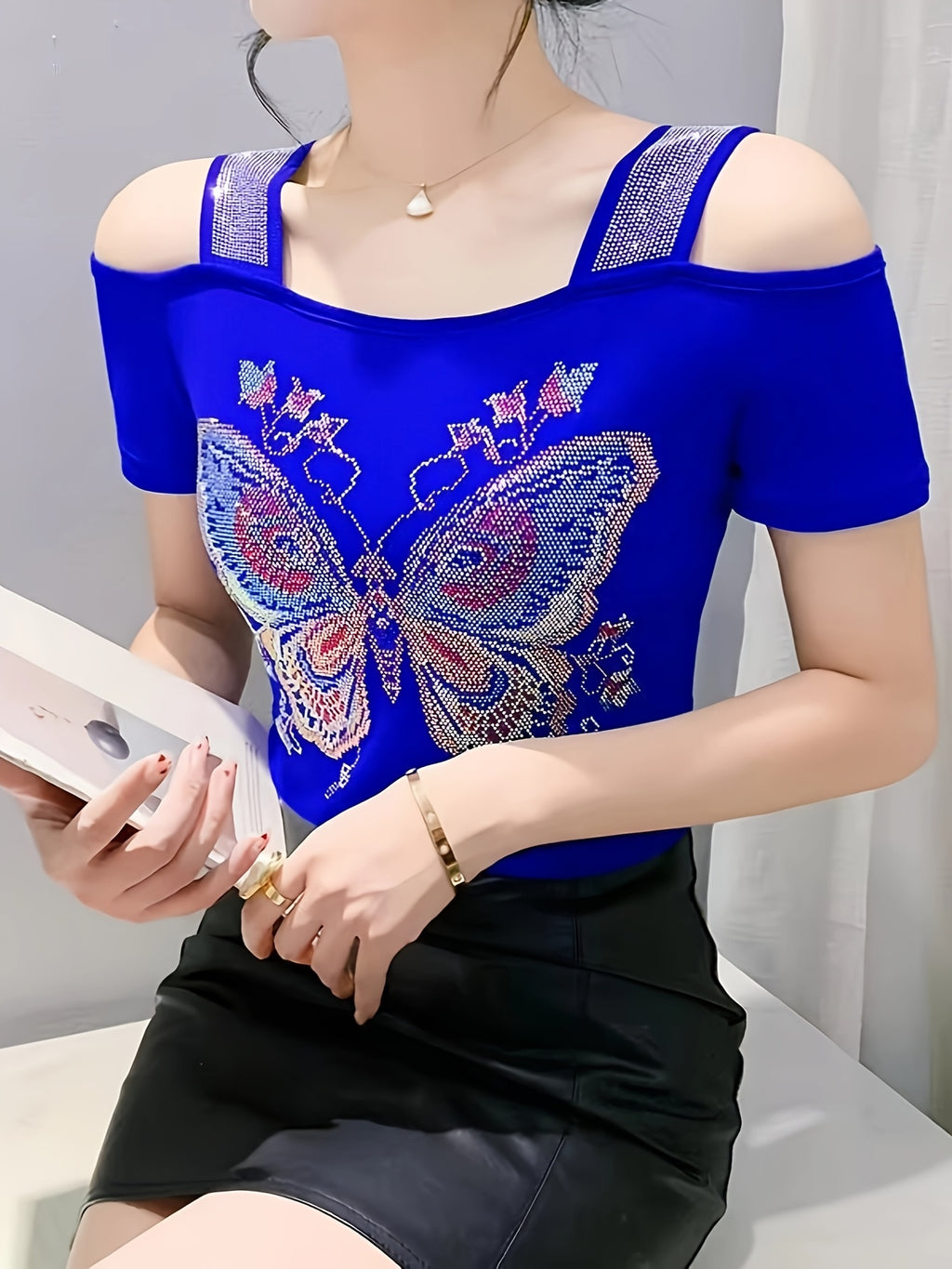 Elegant Off-Shoulder Butterfly Rhinestone Top - High Stretch Mesh, Short Sleeve, Double Layer Design, Vibrant Floral & Butterfly Pattern, Women's Fashion for Summer