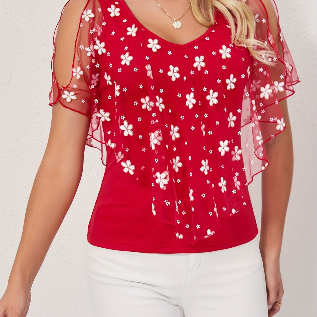 Women's Elegant Tropical Floral Print Short Sleeve T-Shirt - 100% Polyester, Lightweight 170gsm, Moderate Stretch, Spring Summer Fall Casual Top