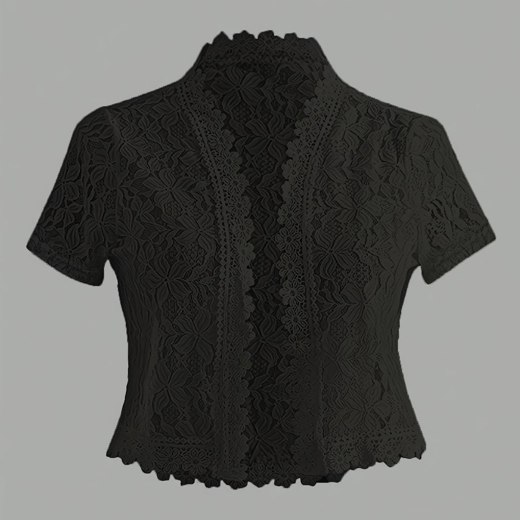 Elegant White Lace Contrast Cardigan - Short Sleeve, Stand Collar, Open Front Jacket for Women | Perfect for Spring\u002FSummer Parties & Casual Wear, Party Wear Cardigan | Lace Detailing | Constructio