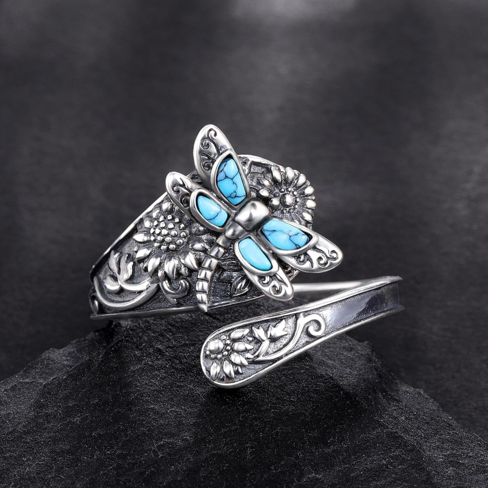 Vintage Boho Silvery Sunflower Rings Dragonfly\u002FButterfly Spoon Ring for Women s Victorian Style Antique Floral Jewelry Party Jewely Anniversary Gifts Adjustable