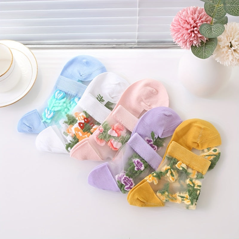 5 Pairs Floral Lace Mesh Socks, Lightweight & Breathable Mid Tube Socks, Women's Stockings & Hosiery
