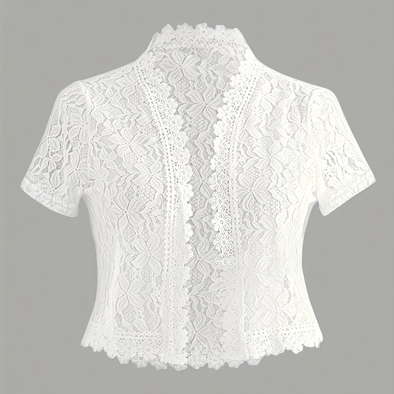 Elegant White Lace Contrast Cardigan - Short Sleeve, Stand Collar, Open Front Jacket for Women | Perfect for Spring\u002FSummer Parties & Casual Wear, Party Wear Cardigan | Lace Detailing | Constructio