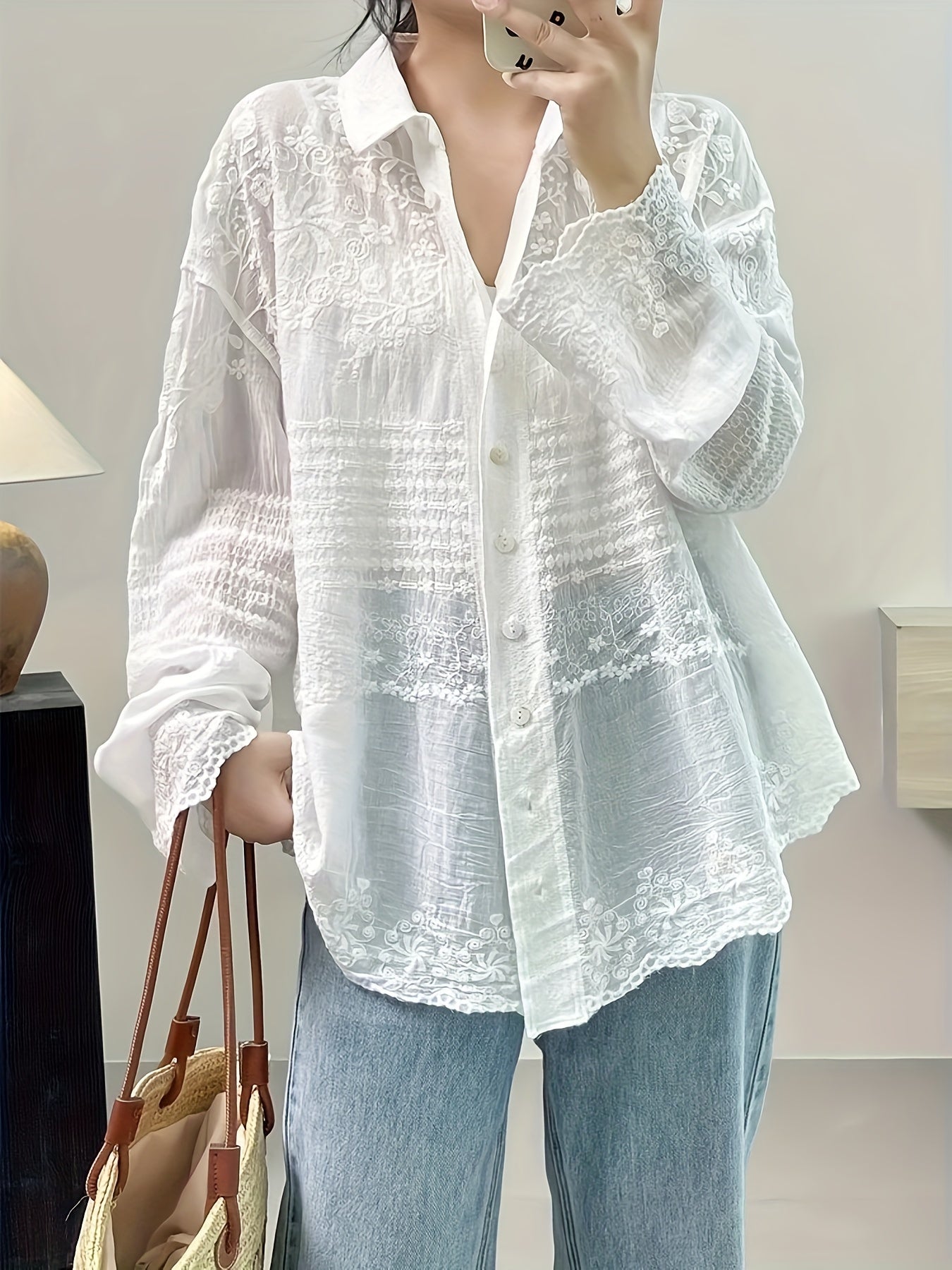 Seasonal Versatility Elegant French Vintage-Inspired Long Sleeve Crochet Blouse for Women - Sheer White Button-Up Shirt with Delicate Lace Detailing, Casual Loose Fit, Perfect for Spring and Fall