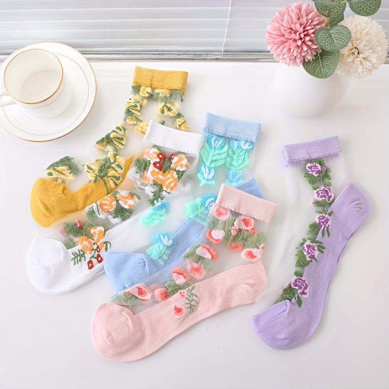 5 Pairs Floral Lace Mesh Socks, Lightweight & Breathable Mid Tube Socks, Women's Stockings & Hosiery