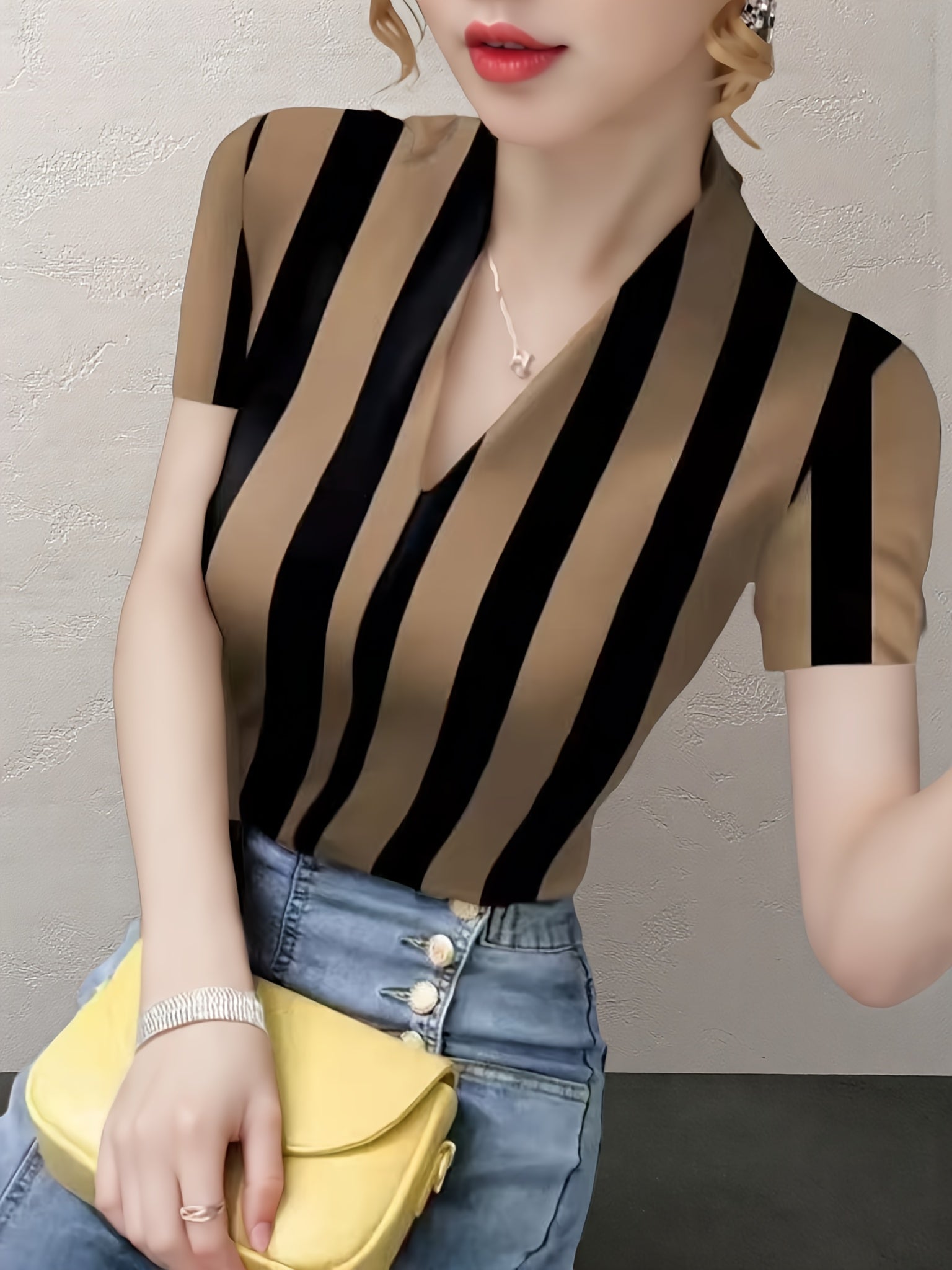 Chic V-Neck Short Sleeve T-Shirt for Women - Slim Fit, Fabric, Geometric Design, Perfect for Spring\u002FSummer\u002FFall, Stylish Layering Piece