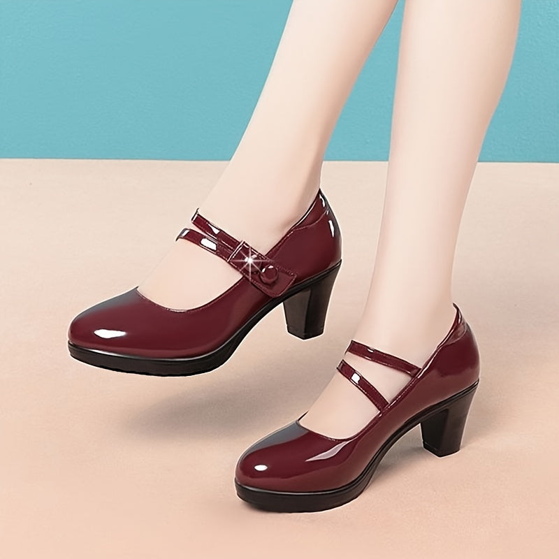 Women's Red Synthetic Cover Pumps - Round Toe, Chunky Heel, Double Buckle Straps, Glossy Finish, All-Season Fashion Dress Shoes