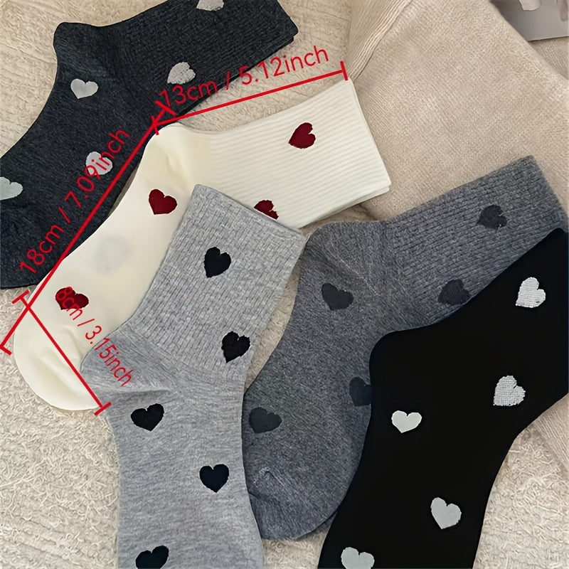 5 Pairs Heart Print Crew Socks 5 Pairs Women'S Heart Print Crew Socks, Comfortable Mid-Calf Length, Polyester Knit Fabric with 5% Elastane, Geometric Pattern, with Hand Wash, for Fall\u002FWinter