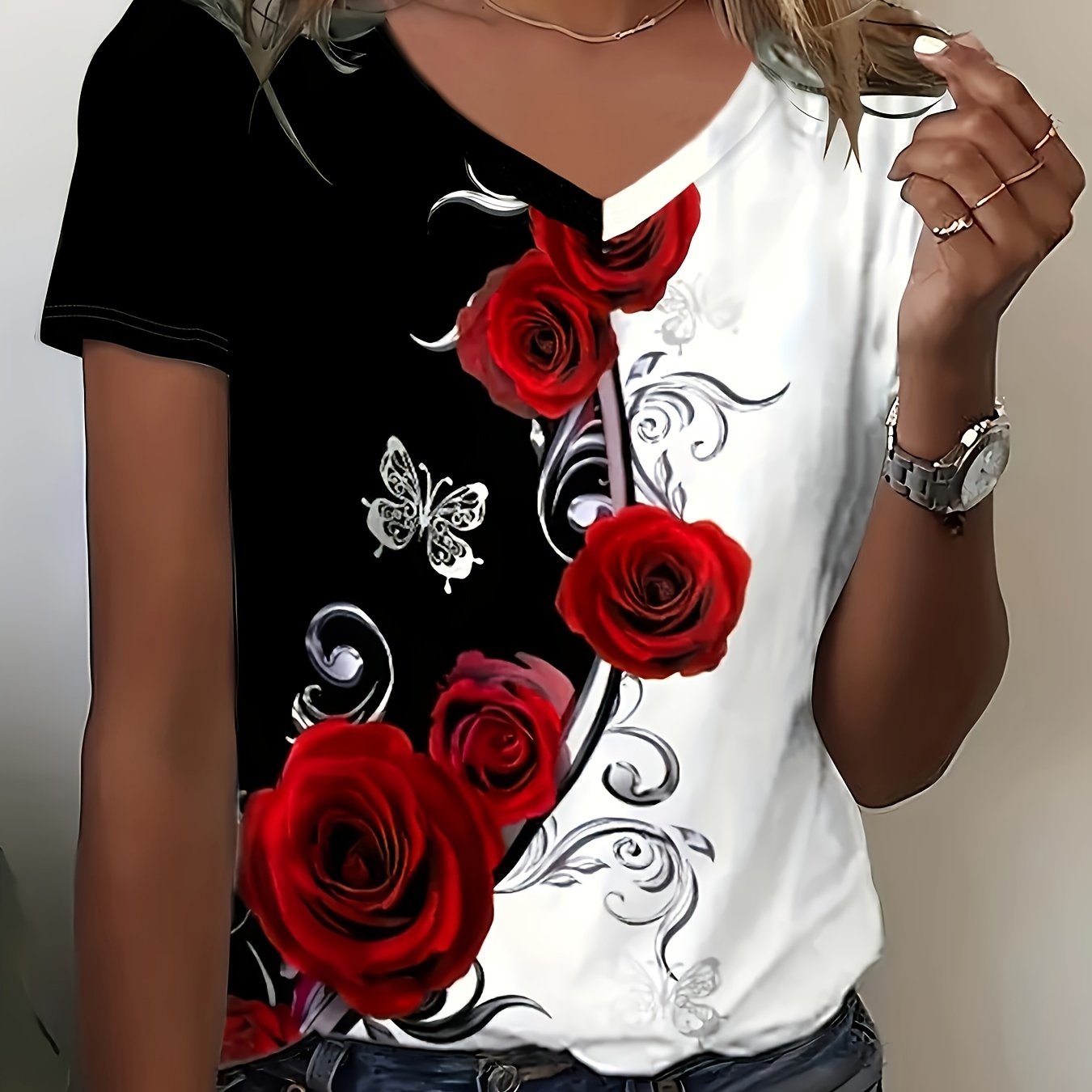 Roses Print V Neck T-Shirt, Elegant Color Block Short Sleeve T-Shirt For Summer, Women's Clothing