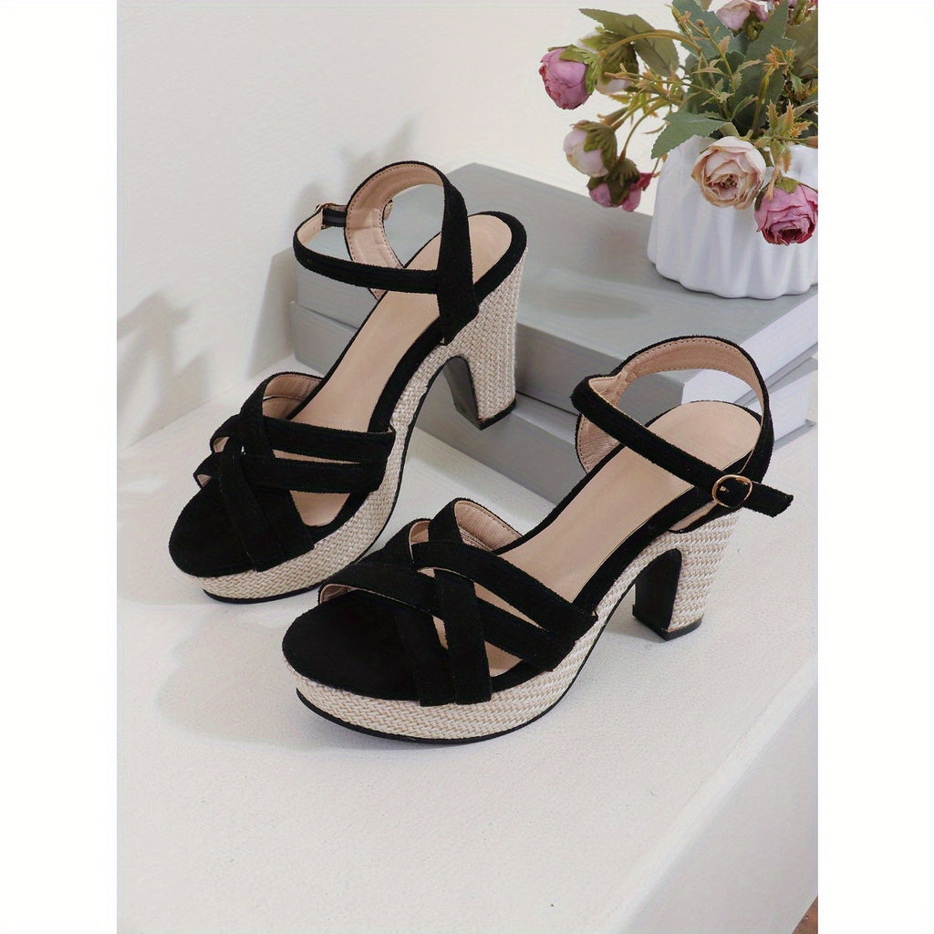 Women's Black Open-Toe Chunky Heel Sandals with Adjustable Ankle Strap & Buckle Closure - Breathable Fabric Upper, Cushioned Insole, Durable Rubber Sole for Casual & Formal Occasions, High Heel Sandals