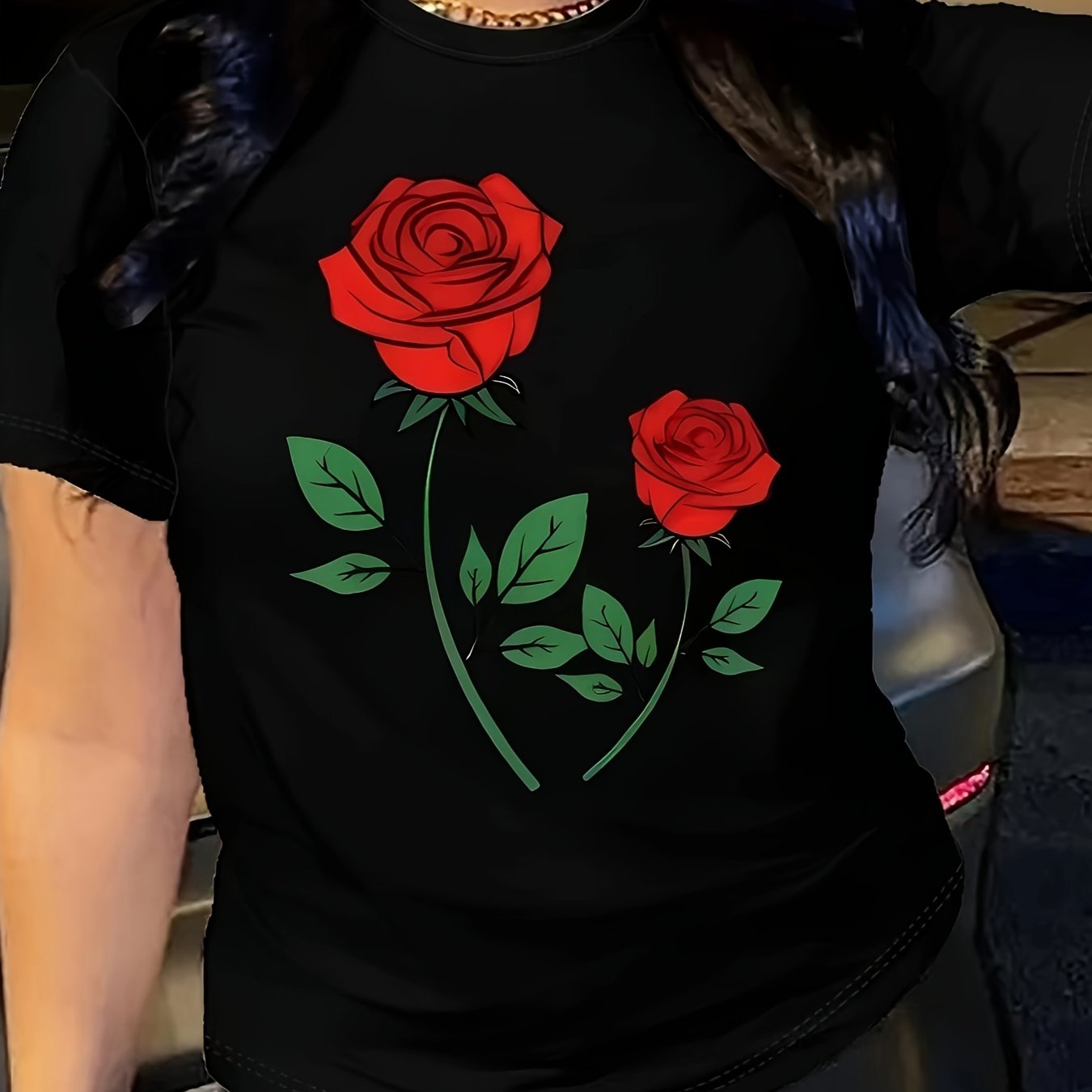 Rose Print Crew Neck T-Shirt, Casual Short Sleeve Top For Spring & Summer, Women's Clothing