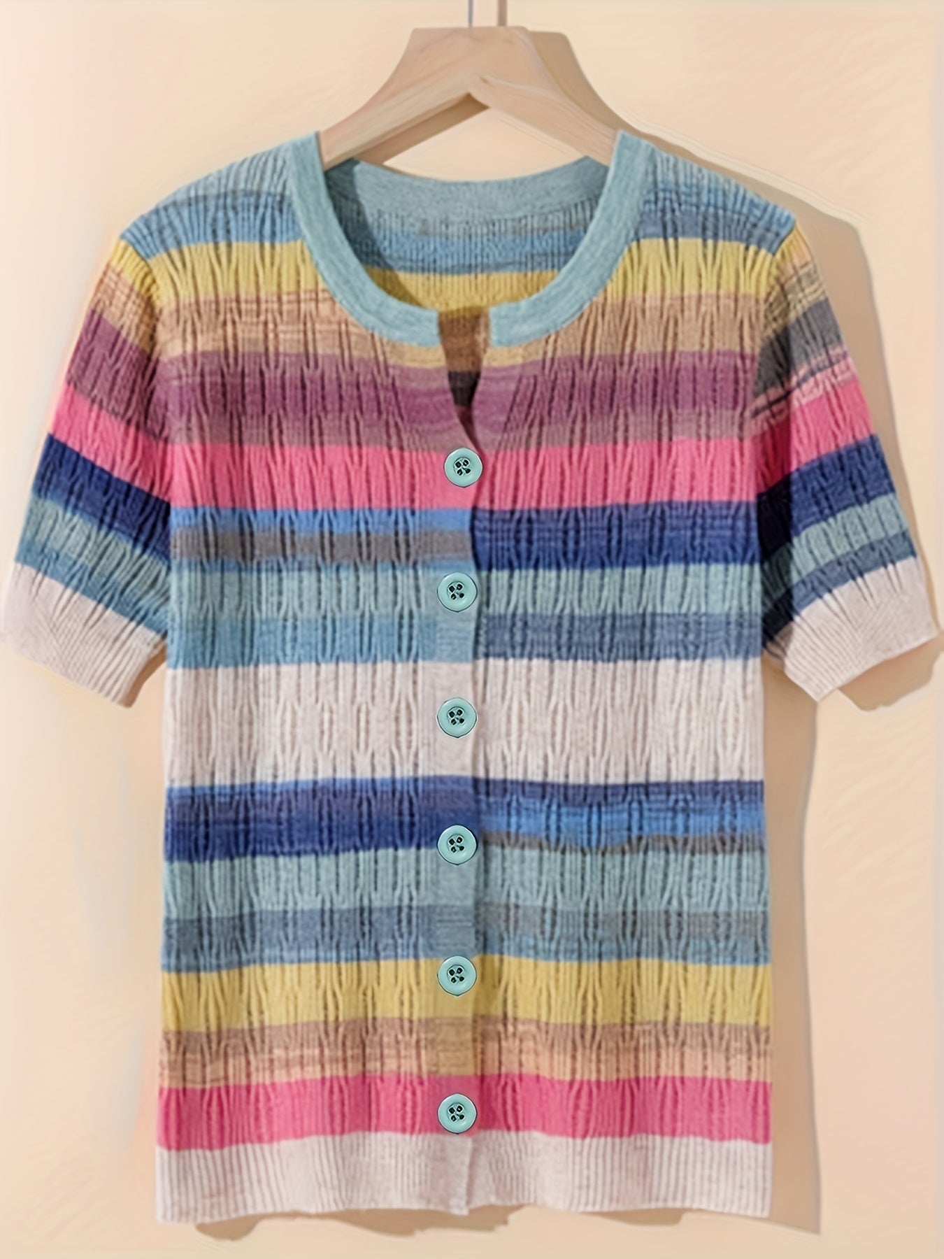 Women'S Casual Rainbow Striped Short Sleeve Cardigan - Comfortable Polyester Knit, Breathable & Stylish, Round Neck, Summer Top, Casual Summer Top|Striped Cardigan|Knit Construction, Ladies Cardigan